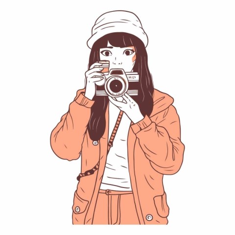 Beautiful hipster girl taking photos with retro camera.