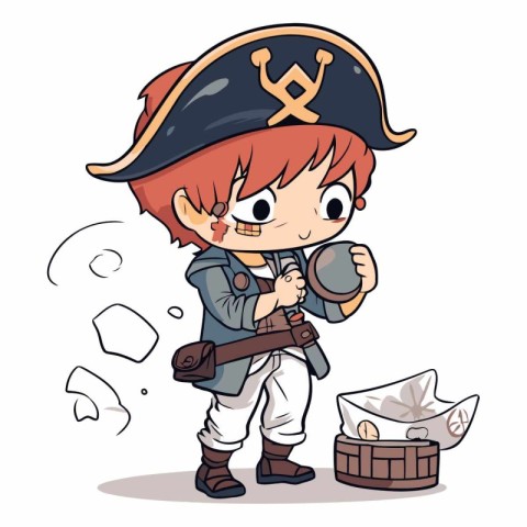 Cartoon Pirate girl with a treasure chest on a white background.