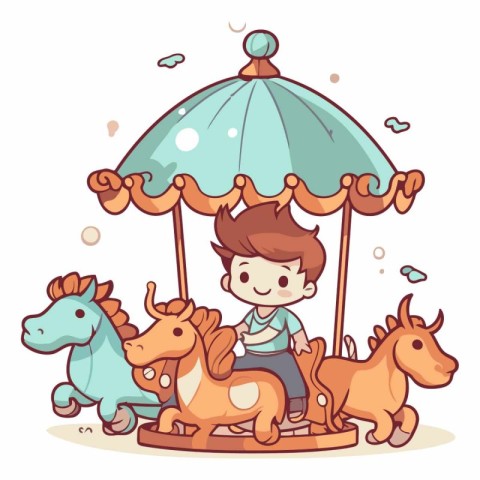 Vector illustration of a boy playing on a carousel with horses.