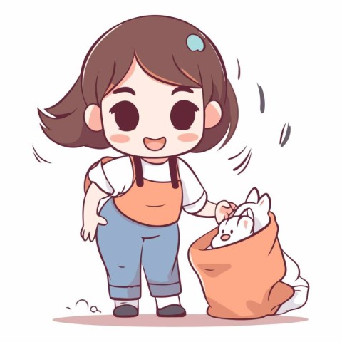 Vector illustration of a cute little girl with a rabbit in a bag