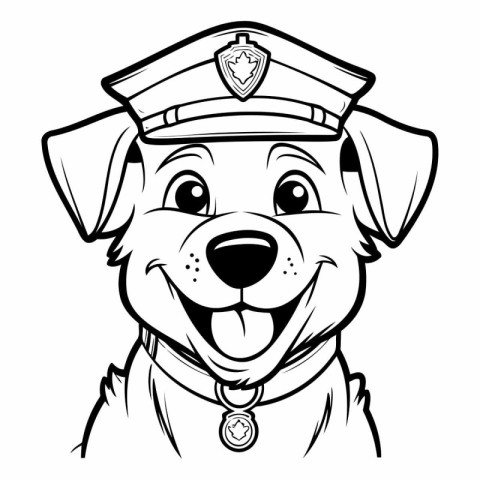 Black and White Cartoon Illustration of Cute Dog Police Officer