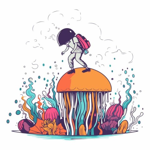 Astronaut on a jellyfish. Vector hand drawn illustration in cart