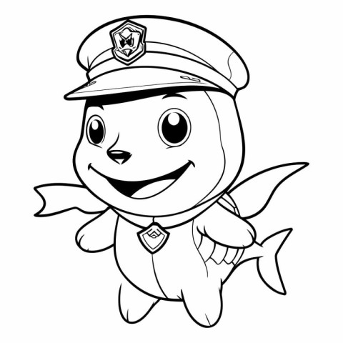 Black and White Cartoon Illustration of Cute Little Fish Sailor