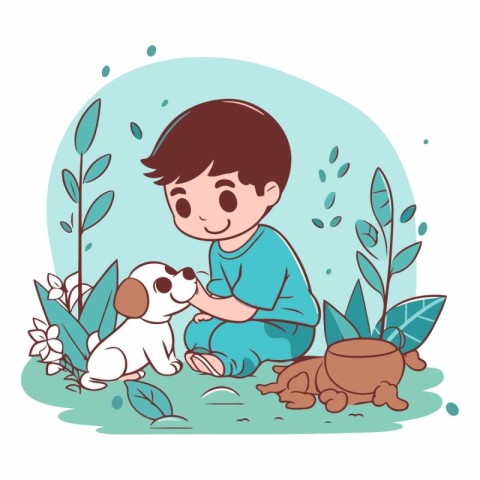 Cute little boy playing with his dog in the garden.