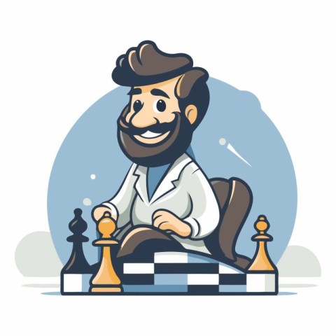 Chess player with chessboard in cartoon style.