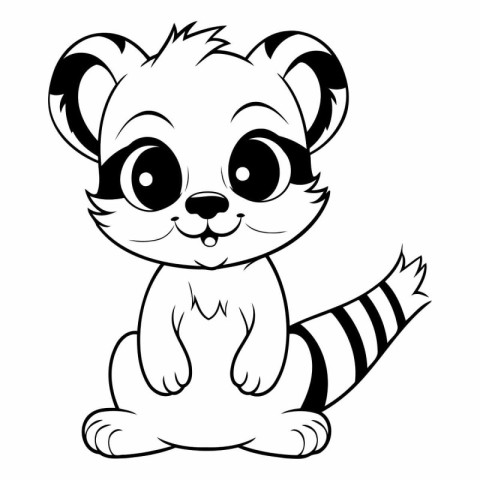 Cute Raccoon - Black and White Cartoon Illustration. Vector