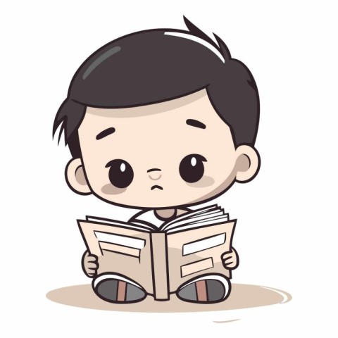 Cute boy reading a book on white background.