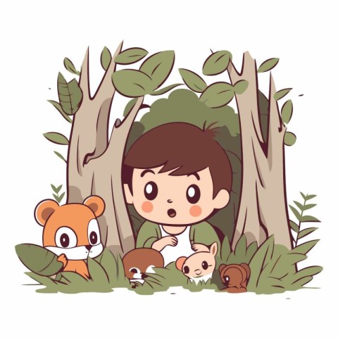 Boy and animals in the jungle. Cute cartoon vector illustration.