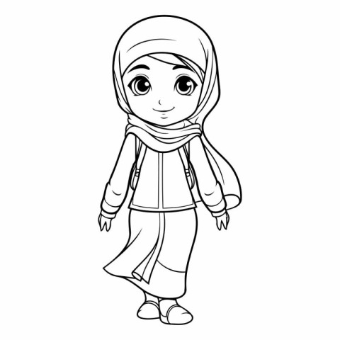 Cute muslim girl in traditional clothes for coloring book.