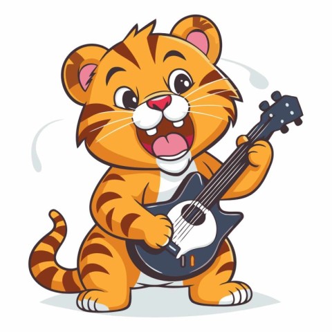 Cute cartoon tiger with guitar isolated on white background.