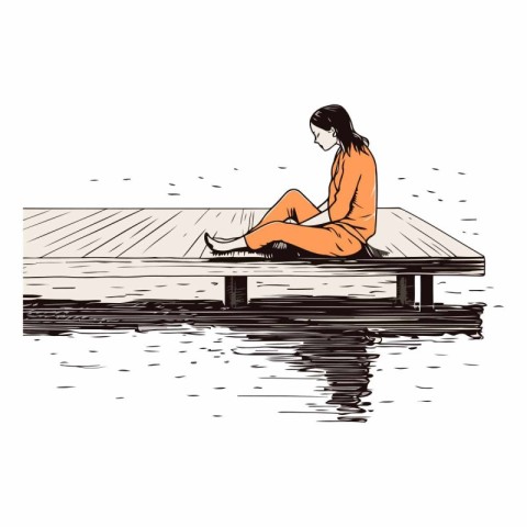 Young woman sitting on a wooden pier. Vector hand drawn illustra