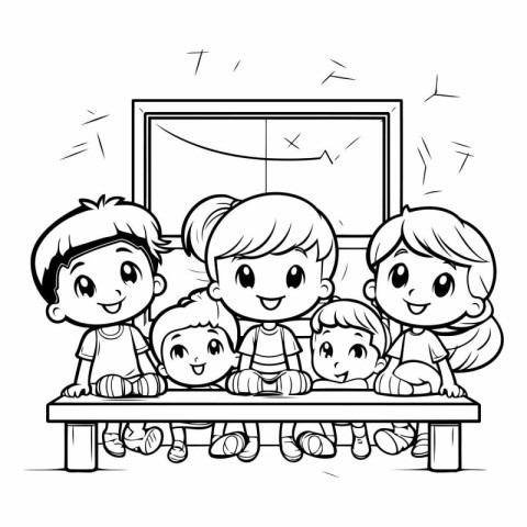 Group of children in classroom. Black and white vector illustrat