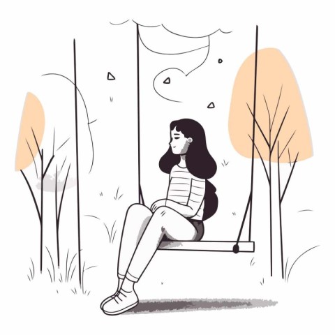 Girl sitting on a swing in the park. Vector sketch illustration.