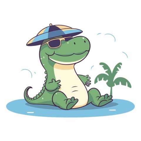 Cute crocodile in sunglasses and hat sitting on the beach.