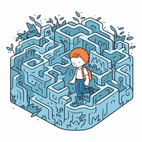 Maze with a boy on a white background.