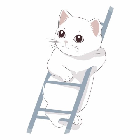 Cute white cat sitting on a stepladder.