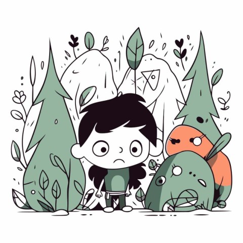 Cute little boy with dinosaur in the forest.