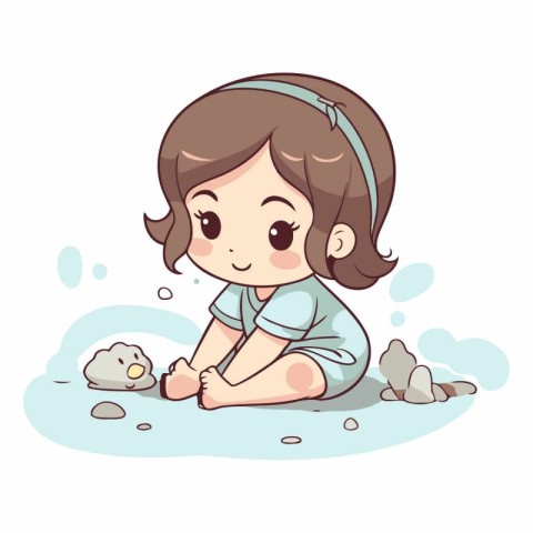 Cute little girl sitting on the ground and playing with stones.