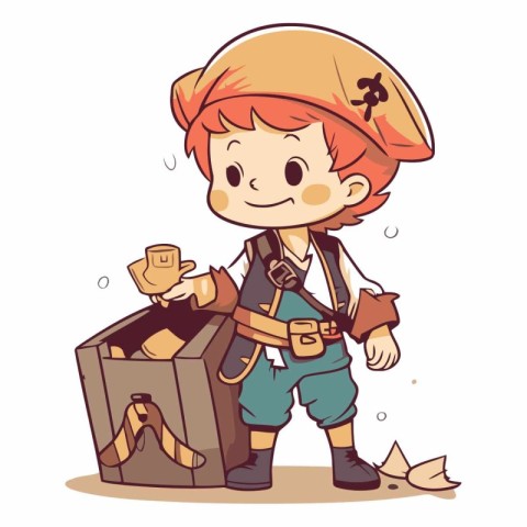 Illustration of a Kid Boy in Pirate Costume with a Treasure Ches