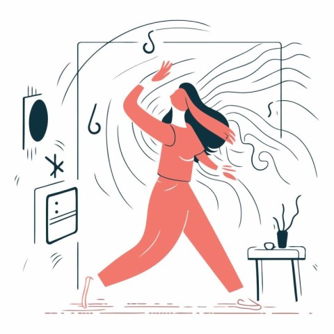 Vector illustration of a woman in pajamas dancing in the room.