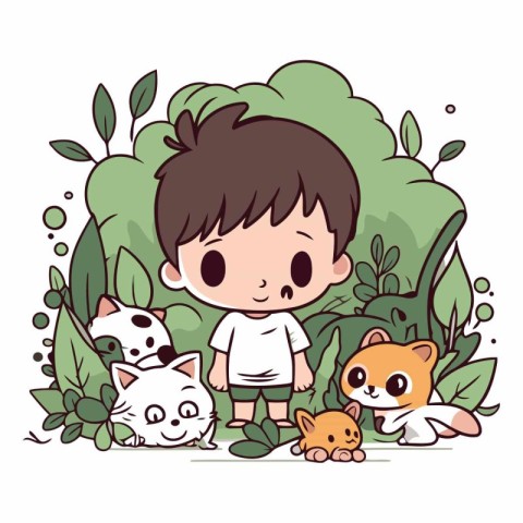 Cute little boy and kittens in the garden.