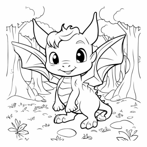 Cute little baby dragon in the forest. Black and white vector il