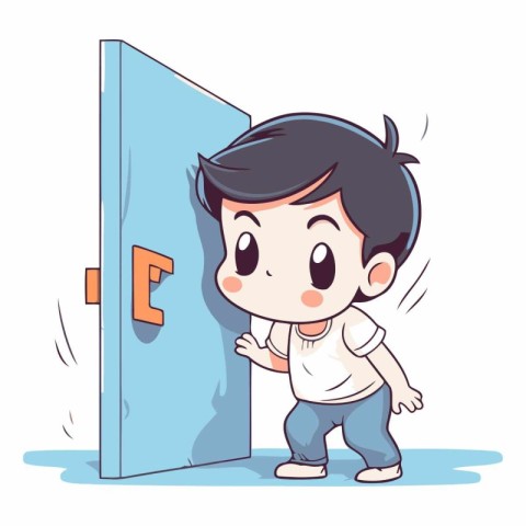 Boy trying to get out of the door. Vector cartoon illustration.