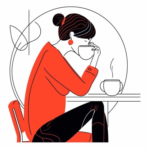 Woman drinking coffee at the cafe in flat style.