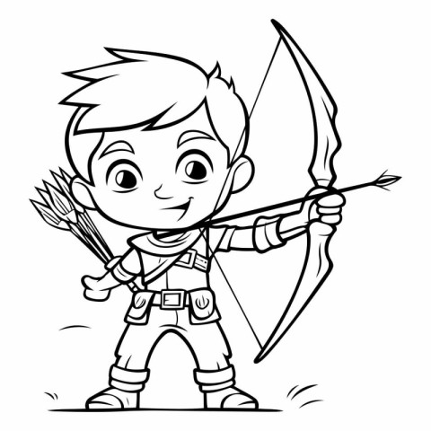 Black and White Cartoon Illustration of Boy Archer with Bow and