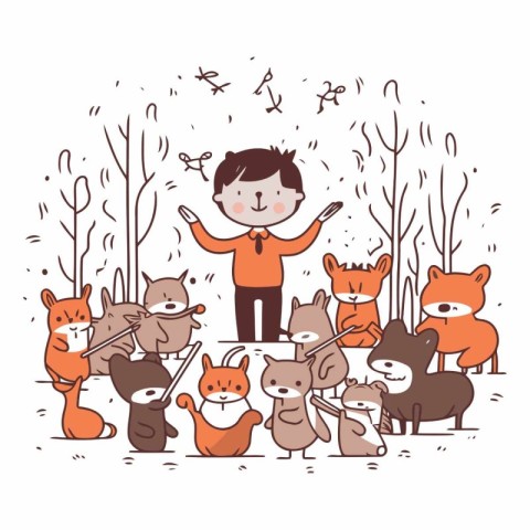 Cute cartoon vector illustration of a boy playing with foxes.