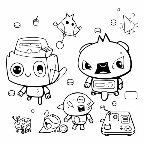 Black and White Cartoon Illustration of Cute Robot Characters Co