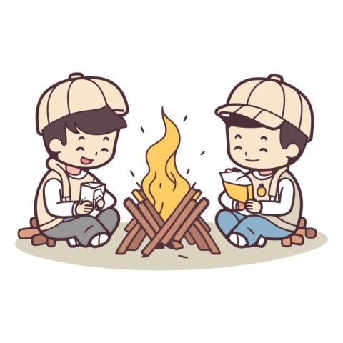 Cute boy and girl sitting near bonfire.