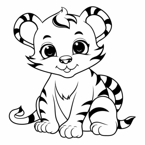 Cute tiger - black and white vector illustration for coloring bo