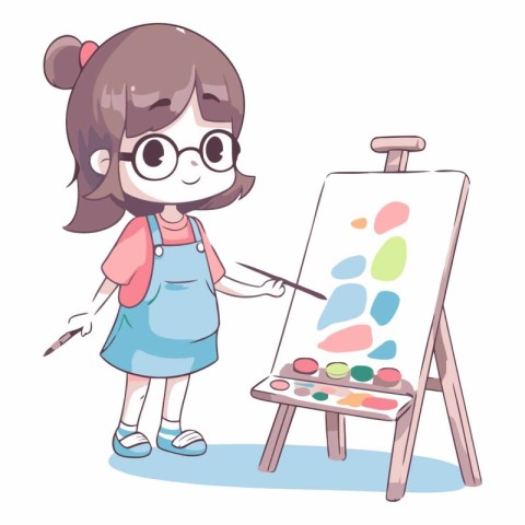 Cute girl painting on the easel. Vector cartoon illustration.