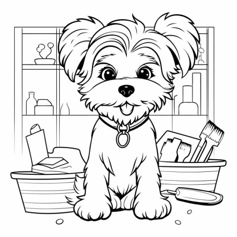 Cute doggy sitting in the kitchen for coloring book.