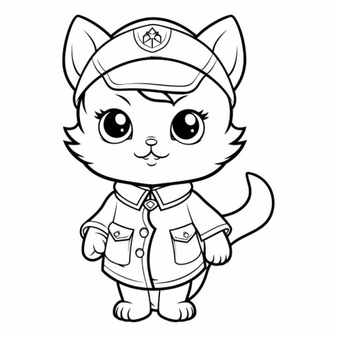 Black and White Cartoon Illustration of Cute Cat Captain Charact