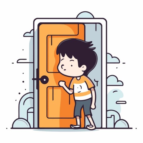 Cartoon boy coming out of the door in a flat style.