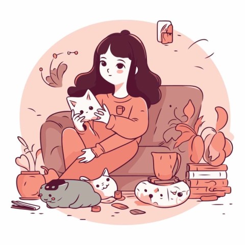 Girl sitting on the couch and playing with a cat.