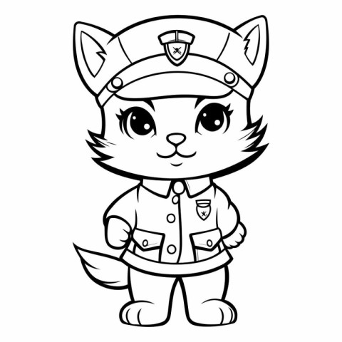 Black and White Cartoon Illustration of Cute Cat Police Animal C