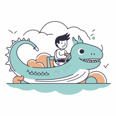 Vector illustration of a boy riding a dragon boat in the sea.