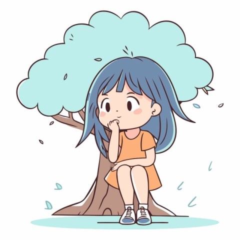 Illustration of a Cute Little Girl Sitting Down Under a Tree