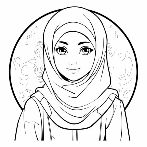 Muslim woman in hijab. Black and white vector illustration for c