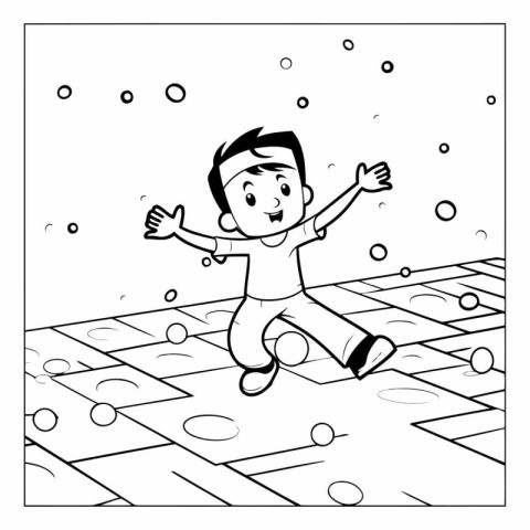 Boy playing with soap bubbles. Black and white vector illustrati