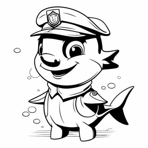 Black and White Cartoon Illustration of Cute Fish Police Officer