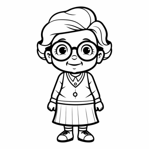 Cute Cartoon Grandmother - Black and White Illustration. Vector