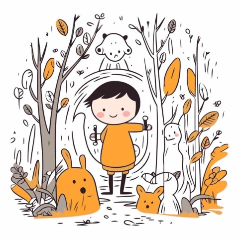 Cute little boy and animals in the autumn forest