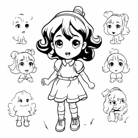 Cute cartoon girl with different emotions for coloring book.