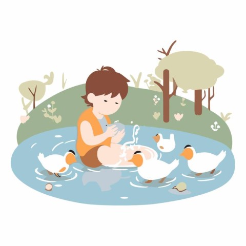 Little boy playing with ducks in a pond. Cute cartoon vector ill