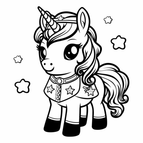 Cute cartoon unicorn. Black and white vector illustration for co