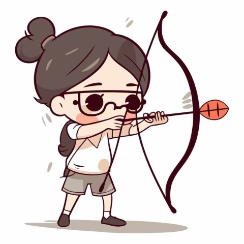 Cute cartoon girl shooting bow and arrow. Vector clip art illust